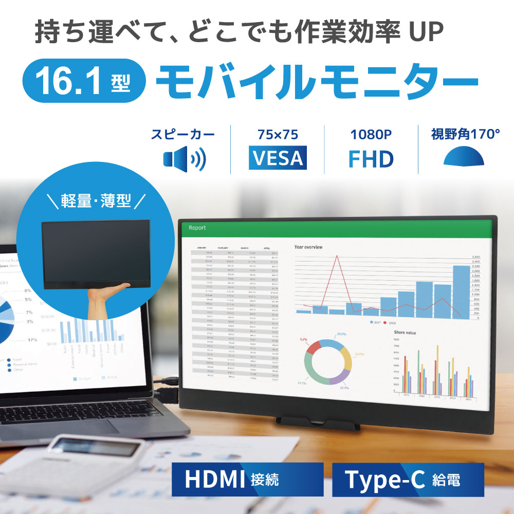 【1080P／HDMI】ハンディ型LCDモニター 16.1インチ