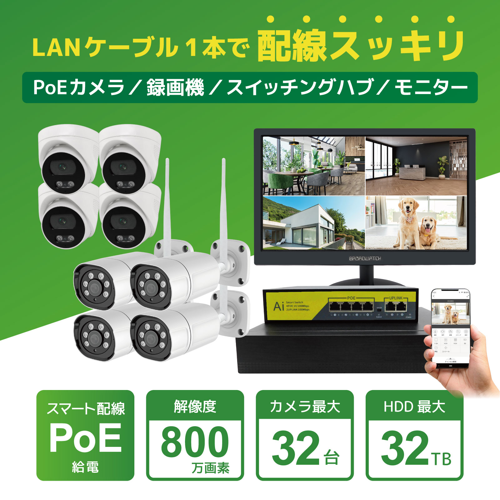 PoE NVR パレットカメラ／ドームカメラ混在型4K画質セット