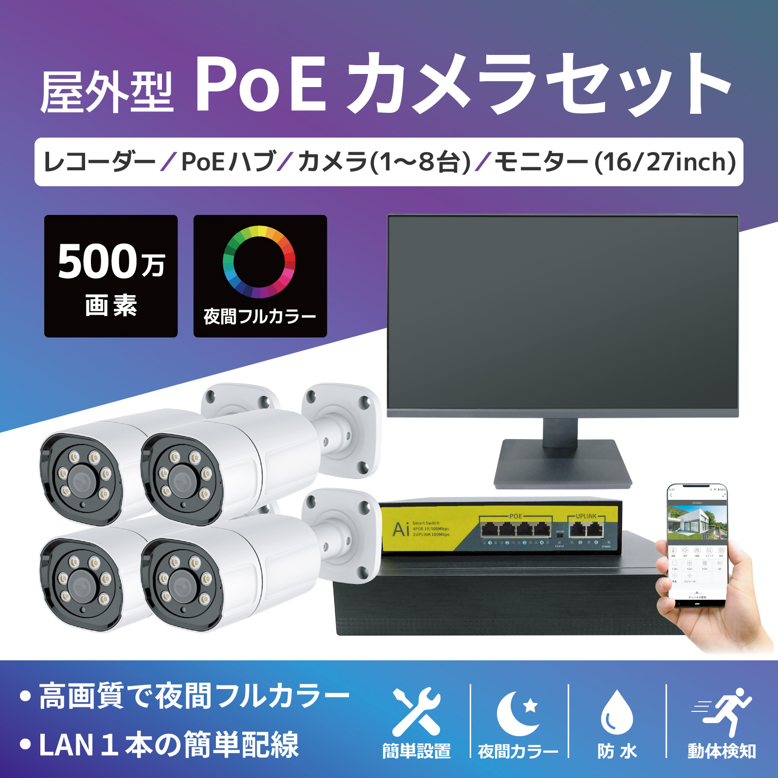 PoE NVR 夜間フルカラー撮影500万画素セット